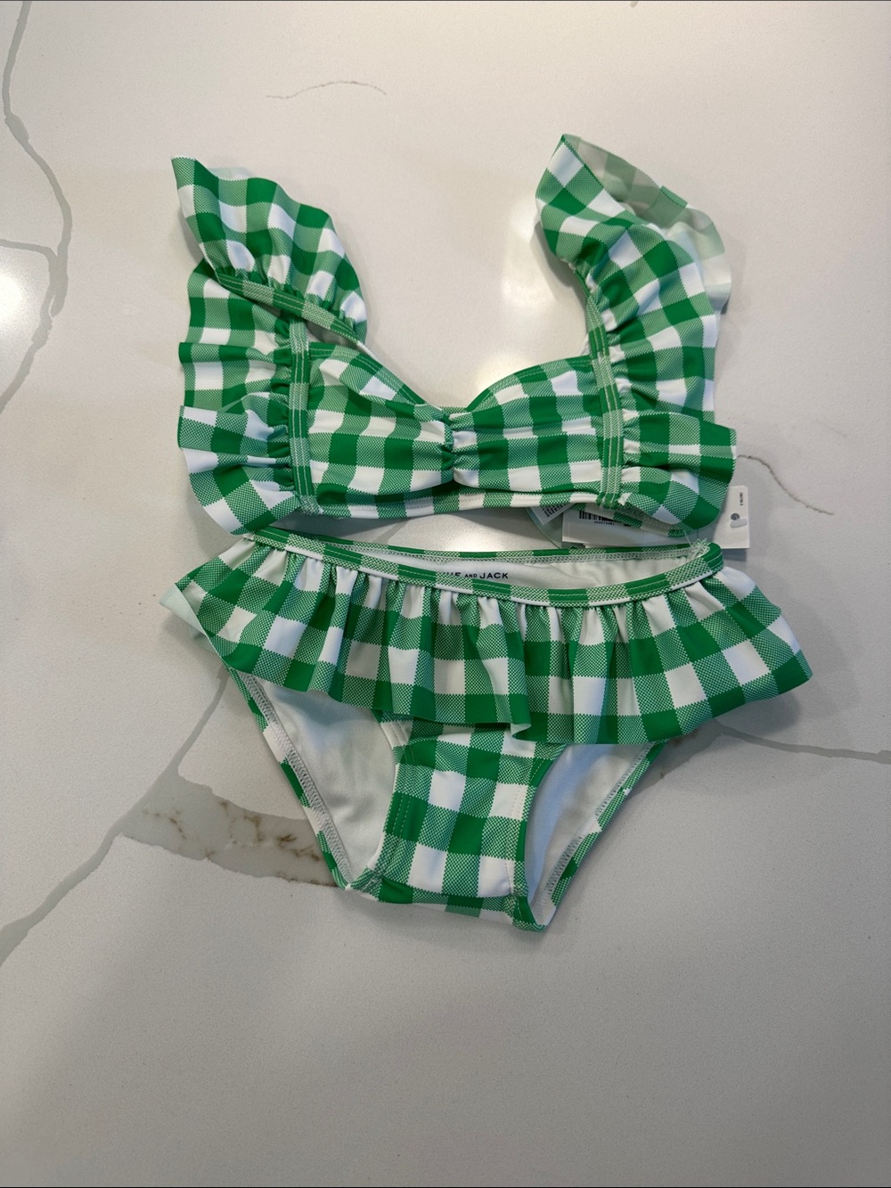 NWT Janie and jack girls bikini swimsuit green white gingham size 4 🤍👙💚